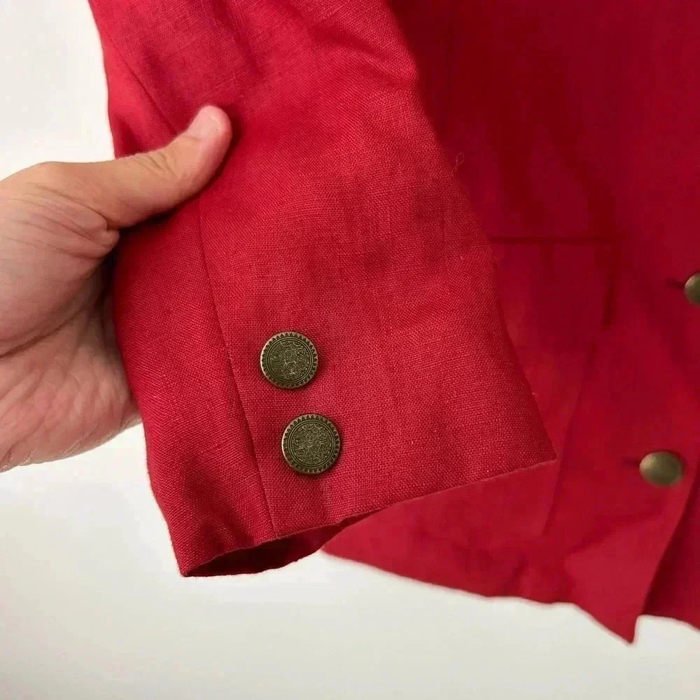 Vintage 90s Episode Red Linen Blazer Gold Button Tailored Jacket Women Size 4 - Picture 7 of 11